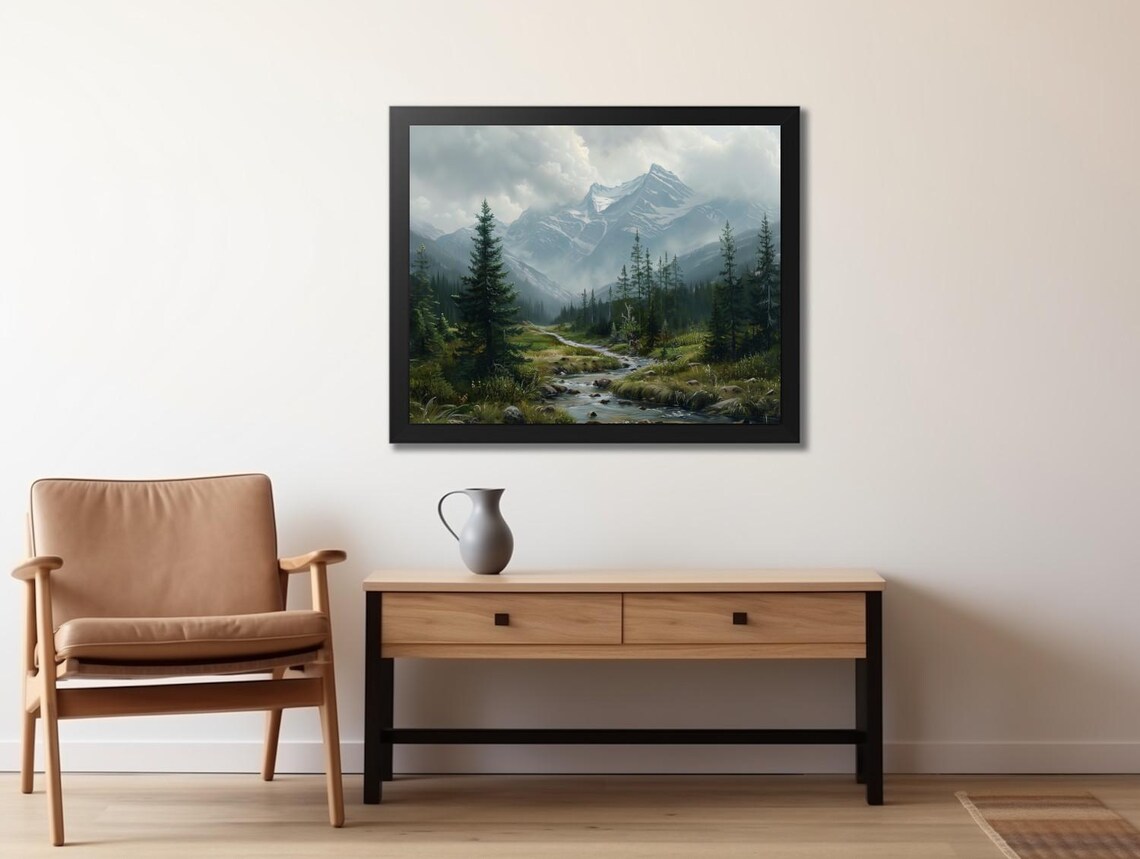 Misty Mountain River With Pine Trees Rustic Wilderness Landscape Art Poster - Image 2