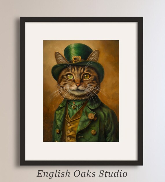 Tabby Cat in Leprechaun Suit Green Hat St Patricks Day Wall Art