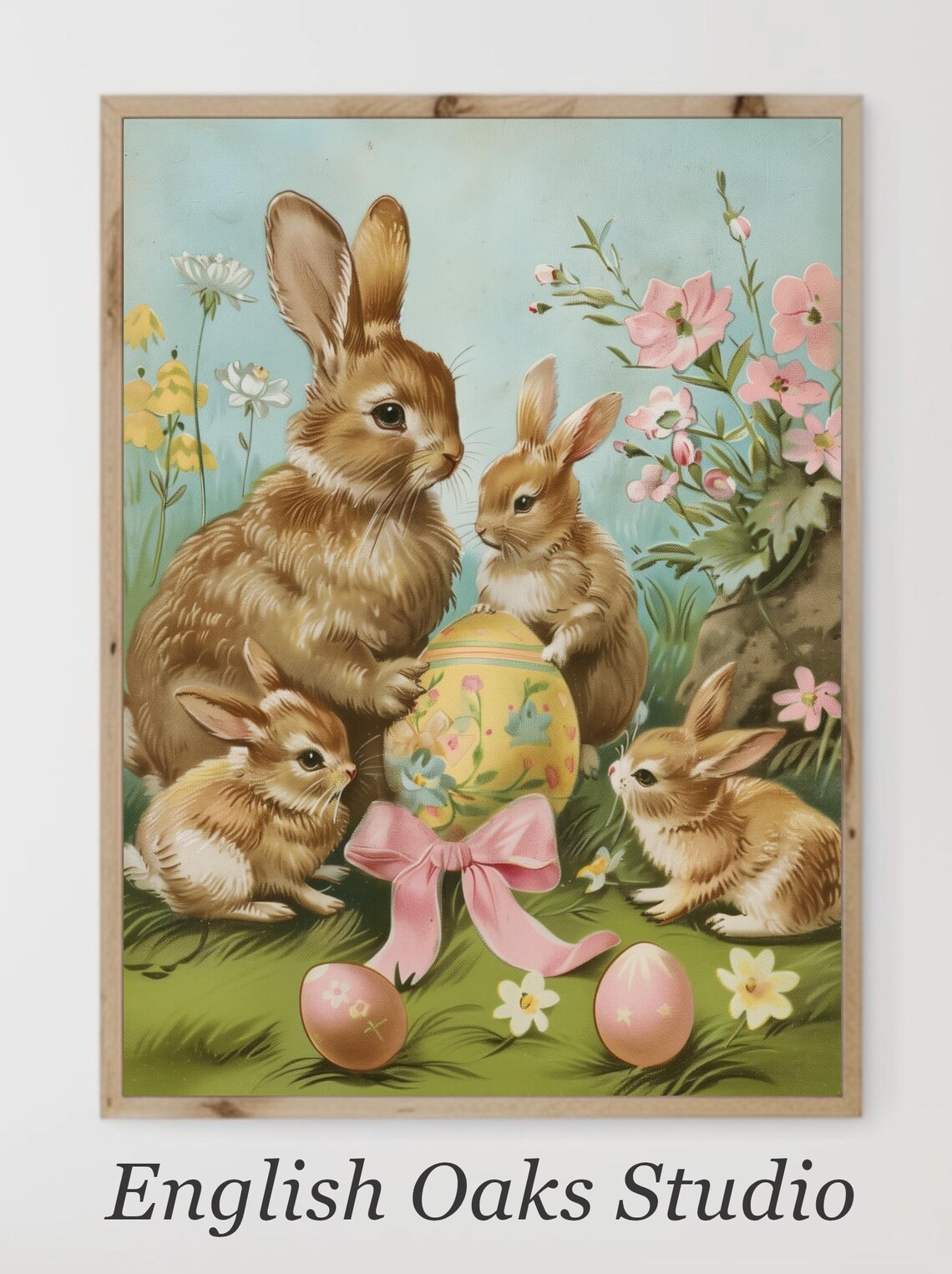 Four Bunnies With Decorated Easter Eggs And Pink Bow Vintage Spring Poster