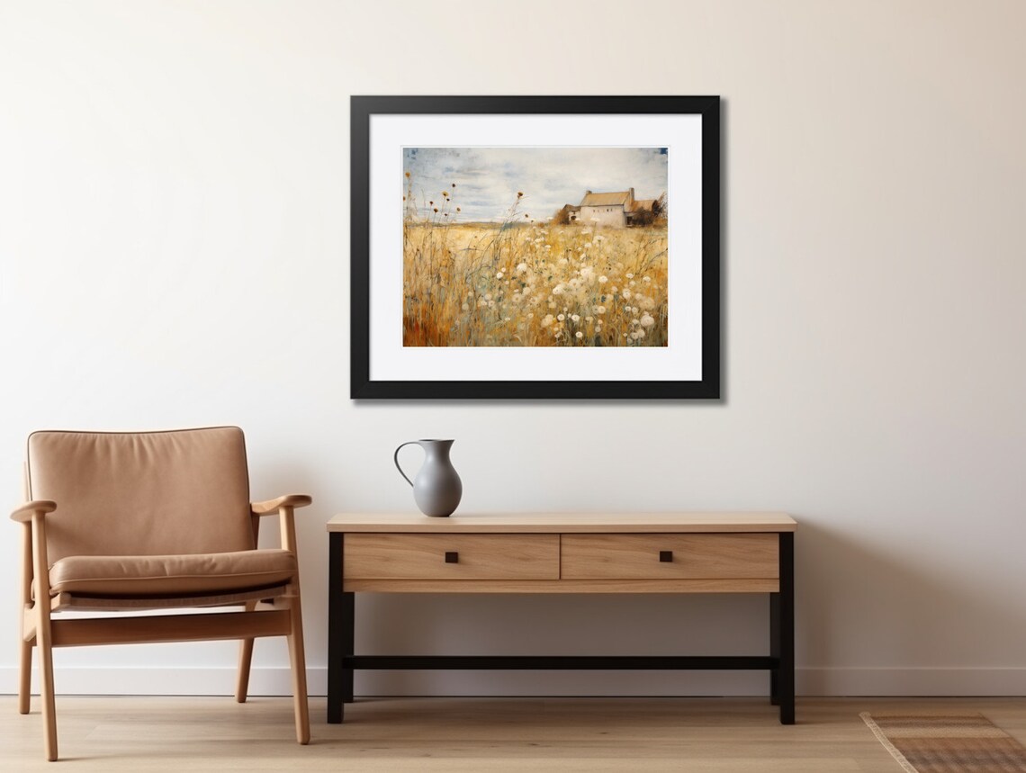 Farmhouse in Golden Wildflower Field Impressionist Country Poster - Image 2