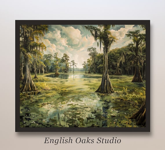 Serene Cypress Swamp with Spanish Moss Lily Pads Nature Poster