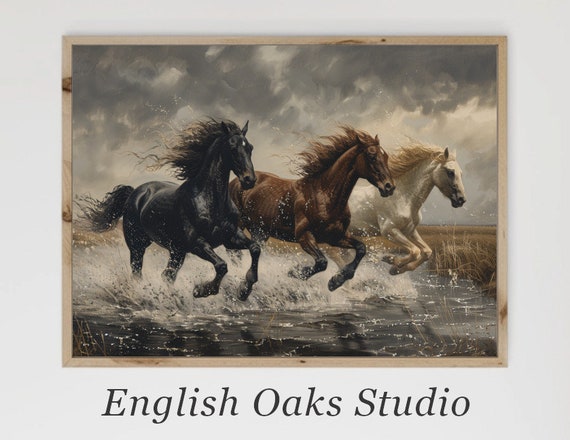 Moody Vintage Summer Western Landscape Painting Antique Wild Horses Running Water Spring Print 01