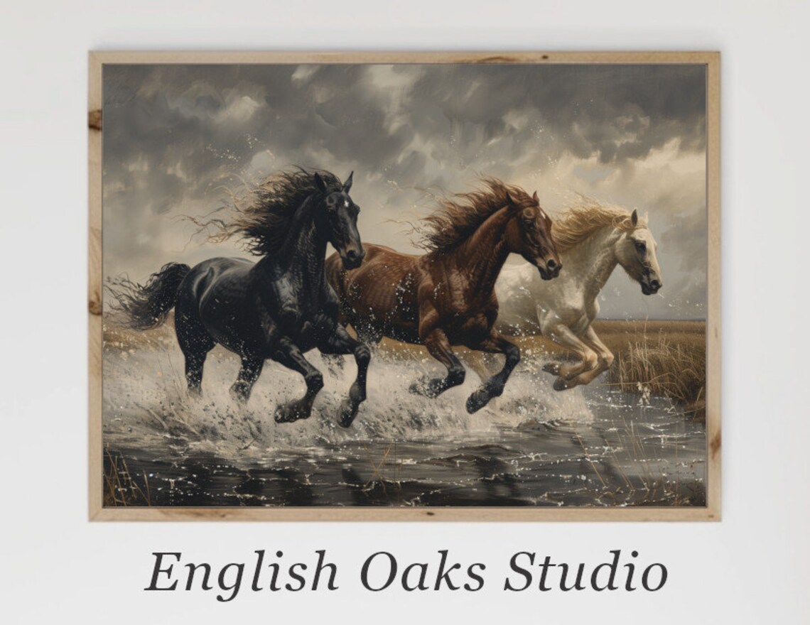 Three Horses Galloping Through Water Storm Clouds Dramatic Equine Poster