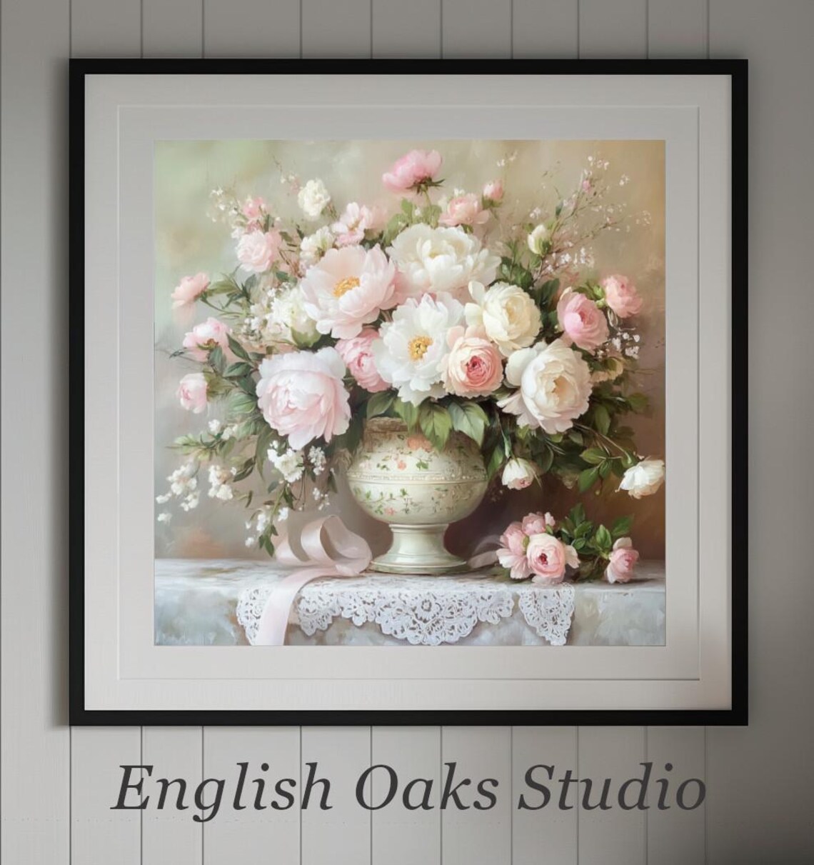 Soft Pink And White Peony Bouquet In Ceramic Vase Floral Art Poster - Image 2