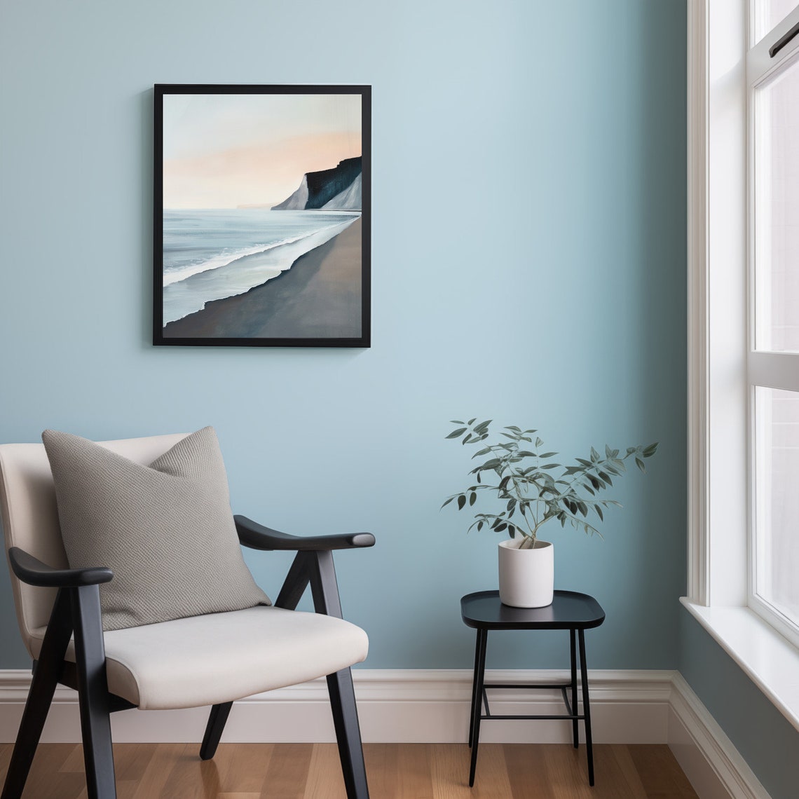 Modern Grey And Blue Seascape With White Cliffs Misty Shore Wall Art - Image 2