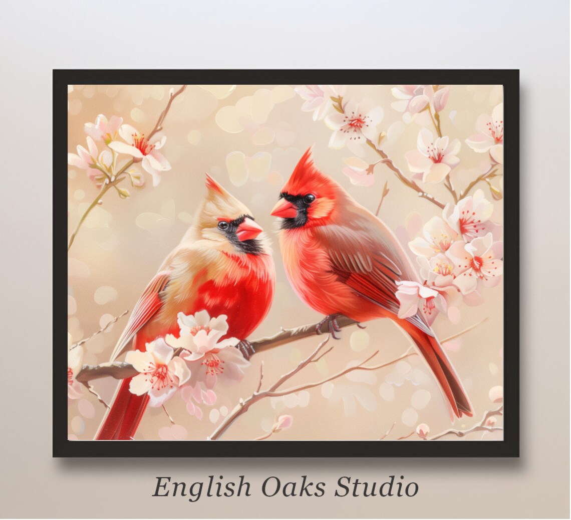 Vintage Spring Cardinal Birds Cherry Blossoms Art Print