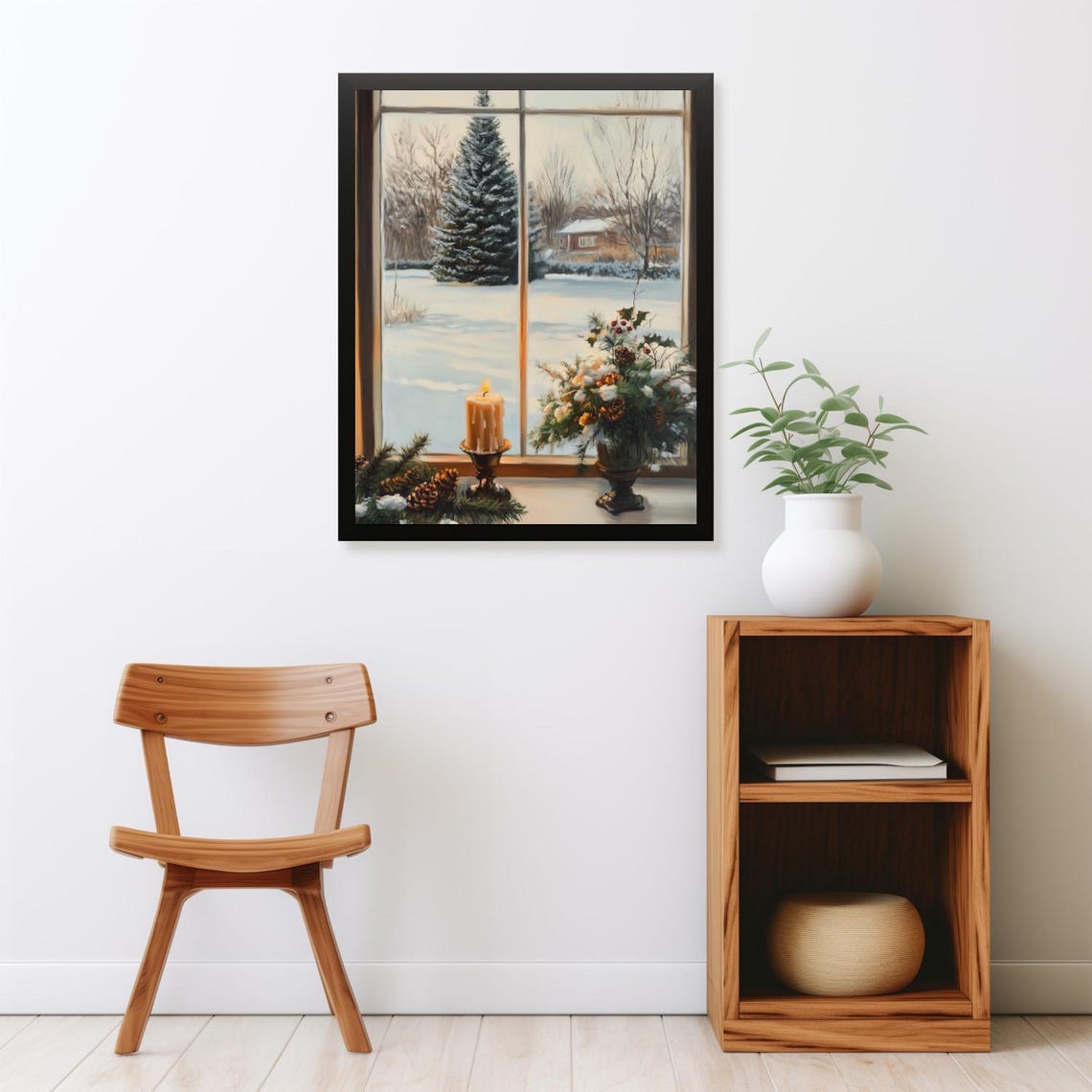 Snowy View Through Window With Lit Candle Winter Scene Poster - Image 2
