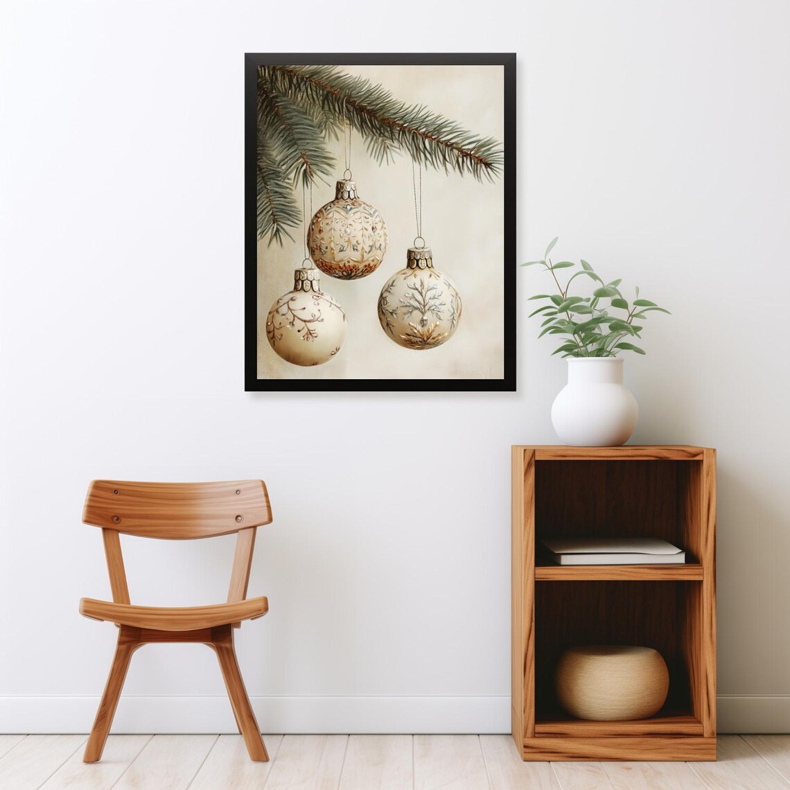 Elegant Cream Ornaments Hanging on Evergreen Branch Art Poster - Image 2