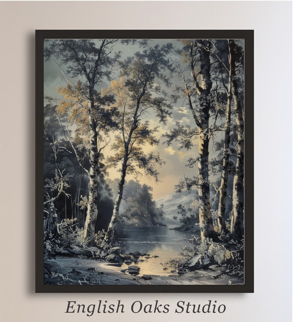 Vintage Moonlit Lake Forest Landscape Print Moody Dark Academia Landscape Gothic Neutral Cottagecore Trees And Lake Painting