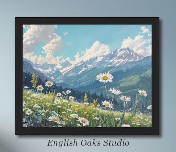 White Daisies Alpine Meadow with Snowy Mountain Backdrop Poster