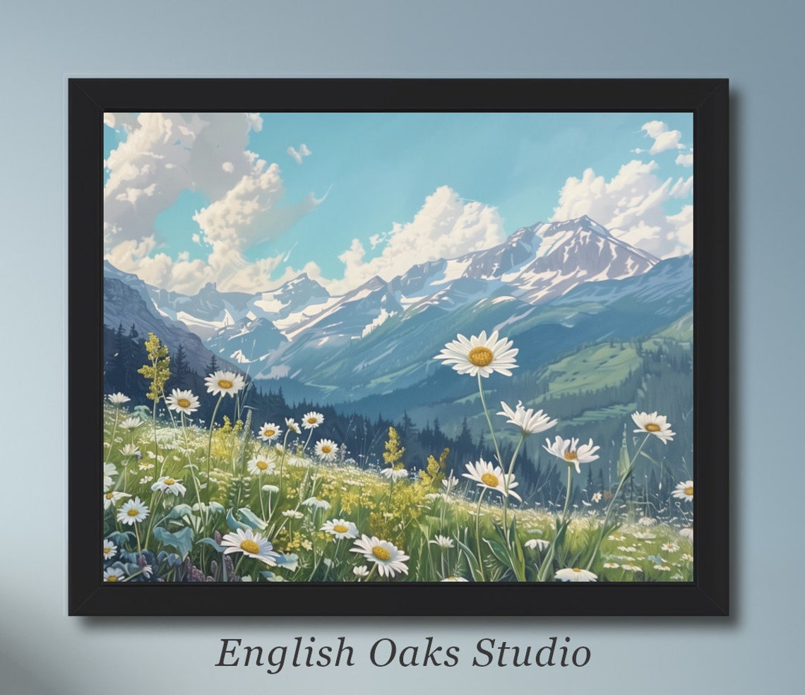 White Daisies Alpine Meadow with Snowy Mountain Backdrop Poster