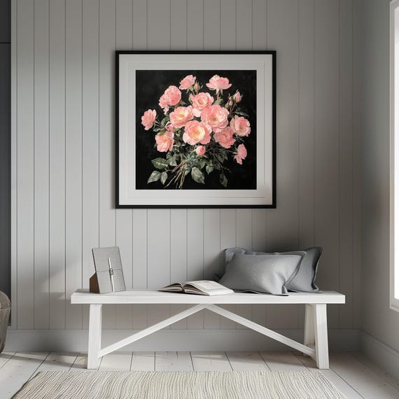 Moody Valentines Day Pink Roses Bouquet Painting Romantic Goth Dark Academia Flower Gift For Her Print