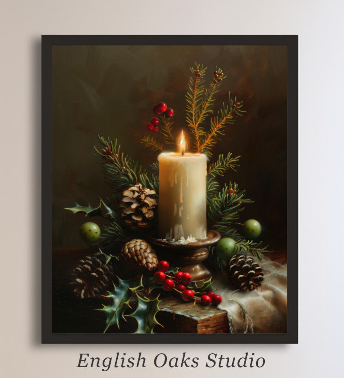 Christmas Candle Still Life Burning Candle Pinecones Holly Poster