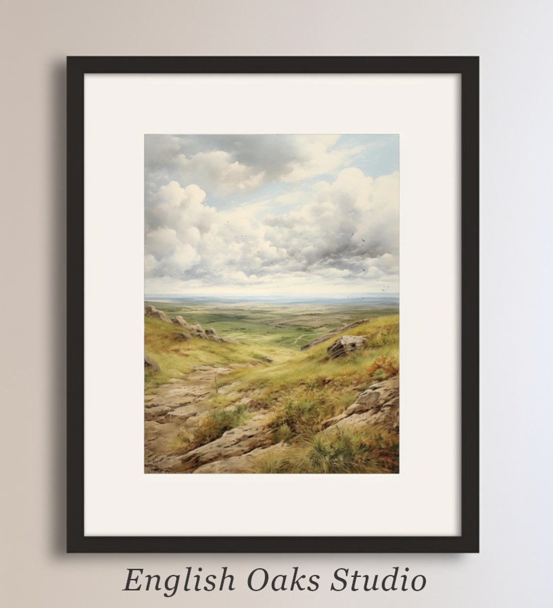 Rocky Hilltop Overlooking a Green Valley Cloudy Oil Painting Poster