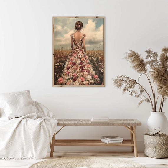 Moody Wildflower Field With A Woman In A Flower Dress Print Vintage Boho Aesthetic Field Of Flowers Girl In Floral Gown Painting