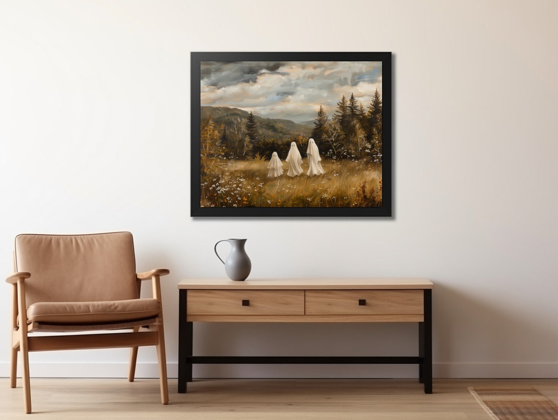 Halloween Cute Ghosts Meadow Decor Moody Halloween Painting Vintage Ghost Spooky Wall Art Print - Image 2