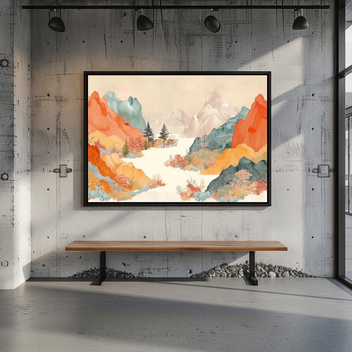 Mid Century Modern Orange Blue Mountain Valley Landscape Wall Art - Image 2