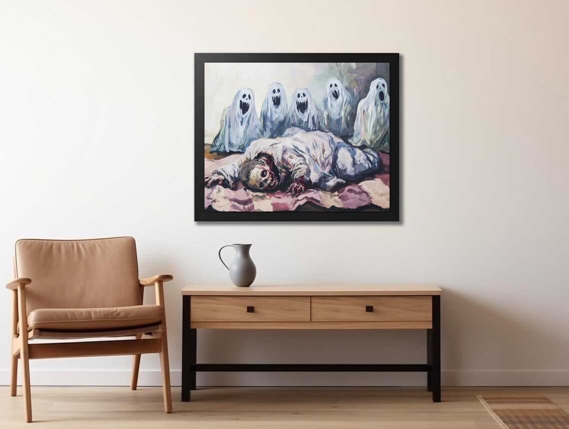 Scary Zombie Crawling Floor Screaming Ghosts Horror Halloween Art Poster - Image 2