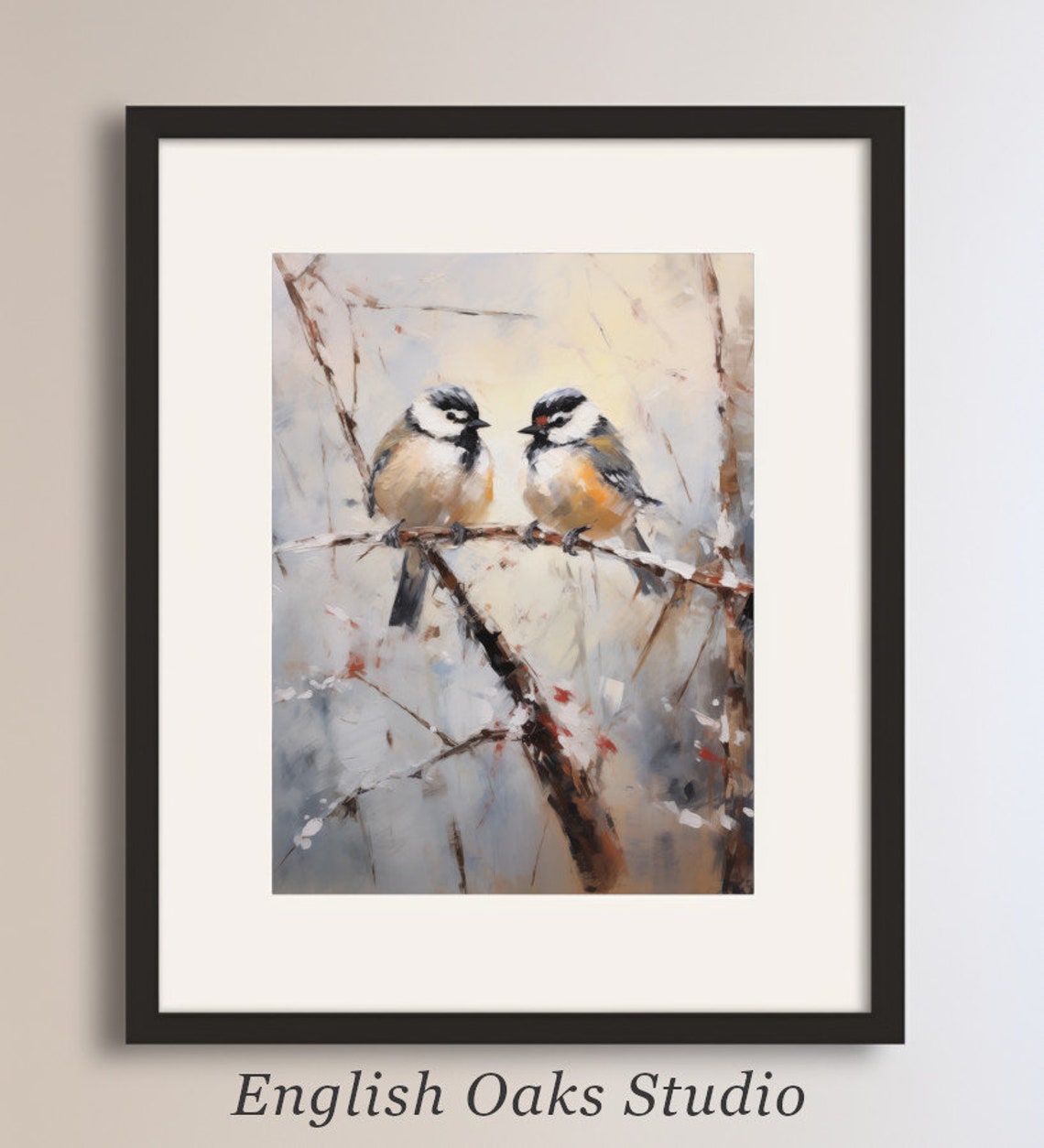 Chickadee Pair Snowy Branches Winter Oil Painting Bird Poster