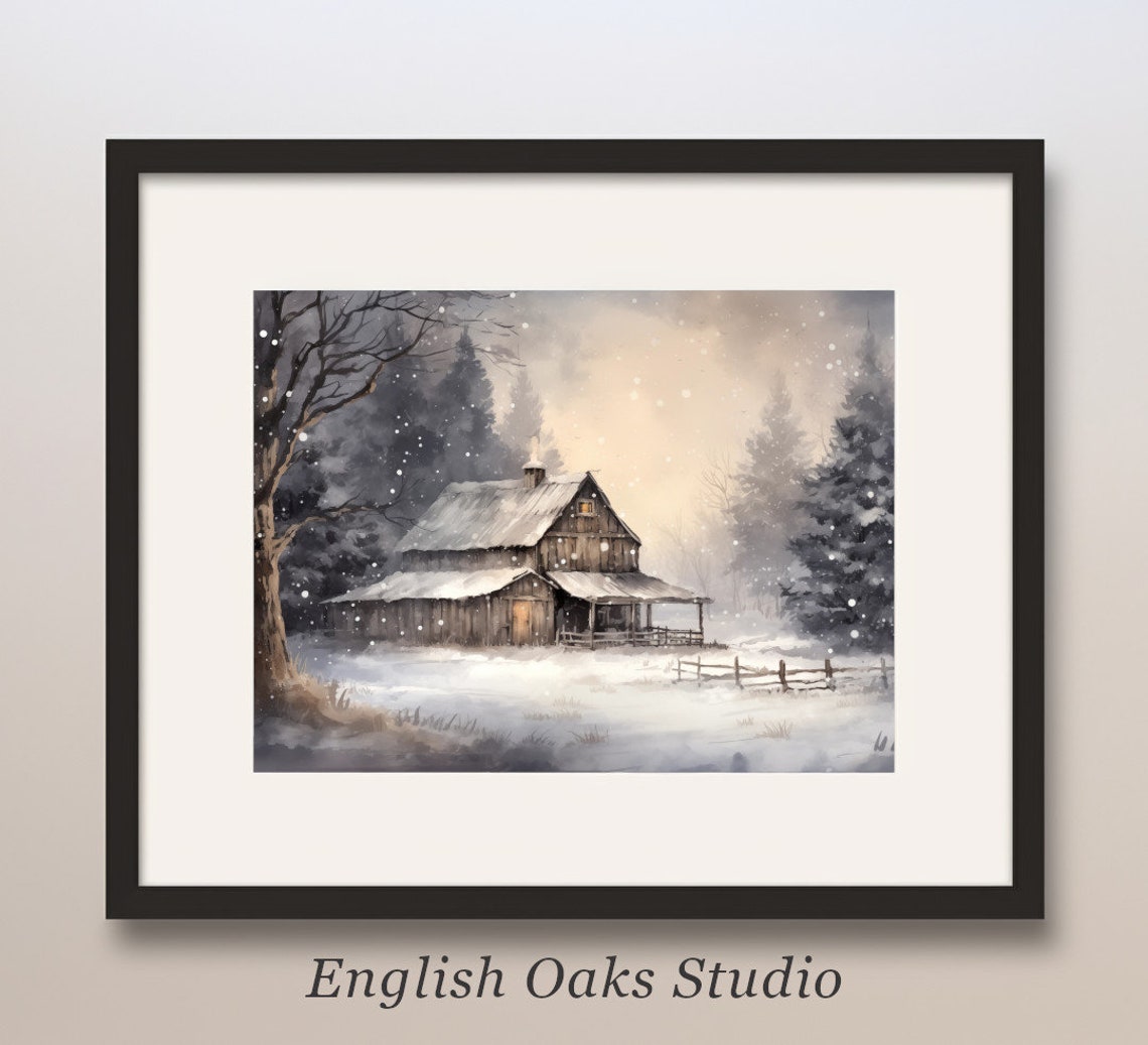 Rustic Wooden Barn in Falling Snow at Dusk Moody Winter Cabin Poster