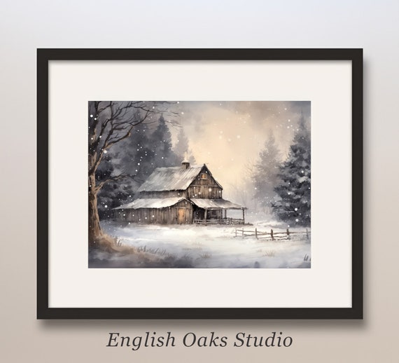 Moody Winter Cabin In The Wilderness Oil Painting Vintage Neutral Snowy Lanscape Wall Art