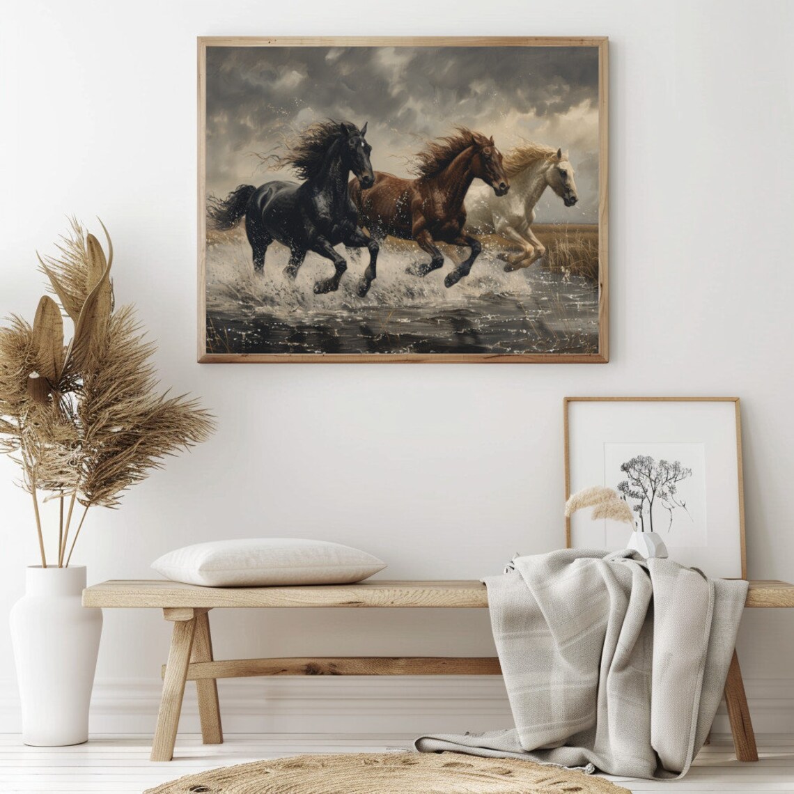 Three Horses Galloping Through Water Storm Clouds Dramatic Equine Poster - Image 2