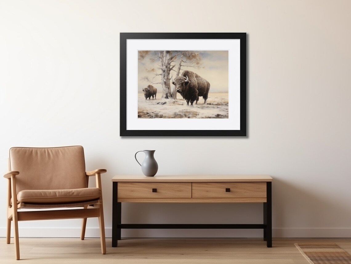 Two Bison Standing in Snowy Winter Field Vintage Western Wildlife Poster - Image 2