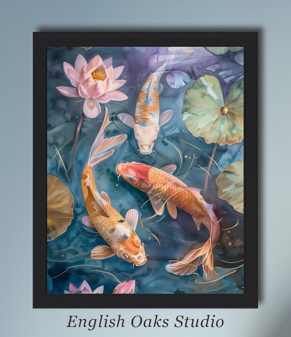Vintage Orange Koi In The Pond Print Three Koi Fish Japanese Wall Art 02