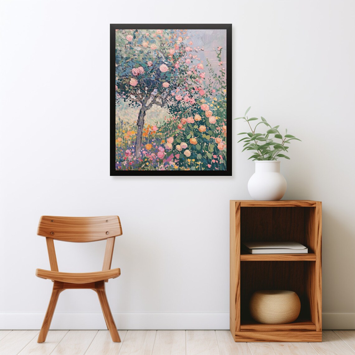 Pink Rose Trees In Lush Garden Impressionist Oil Painting Poster - Image 2
