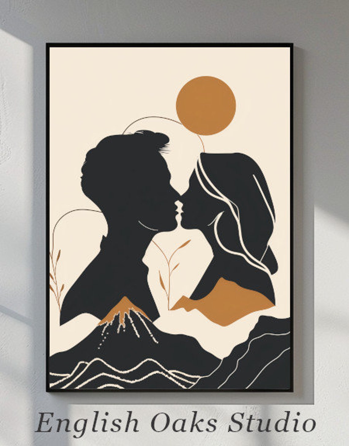 Romantic Couple Silhouette Sunset Mountain Abstract Wall Art