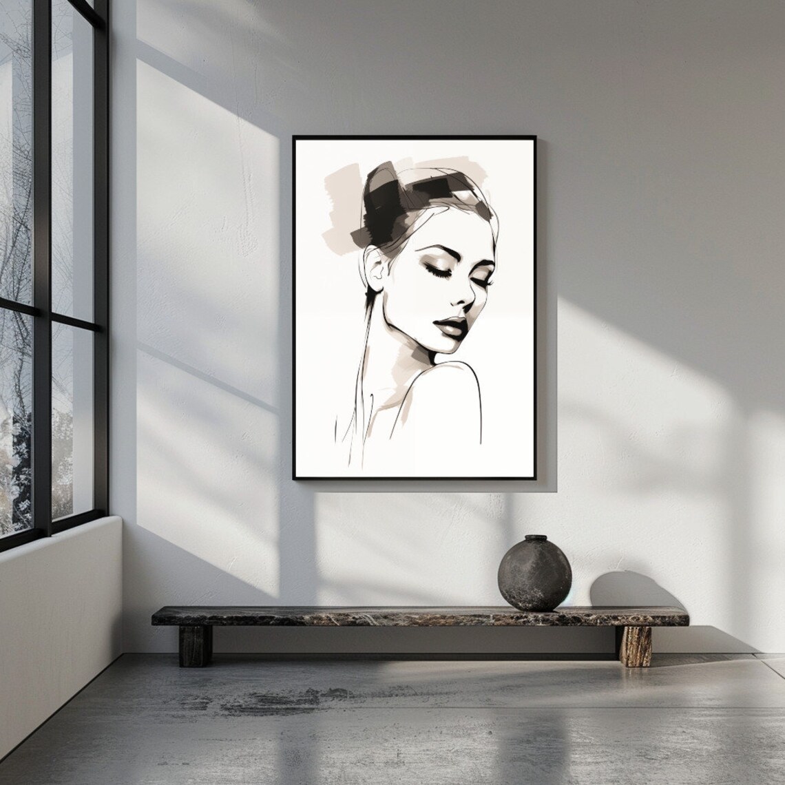 Elegant Neutral Minimalist Woman Portrait Fine Line Sketch Wall Art - Image 2