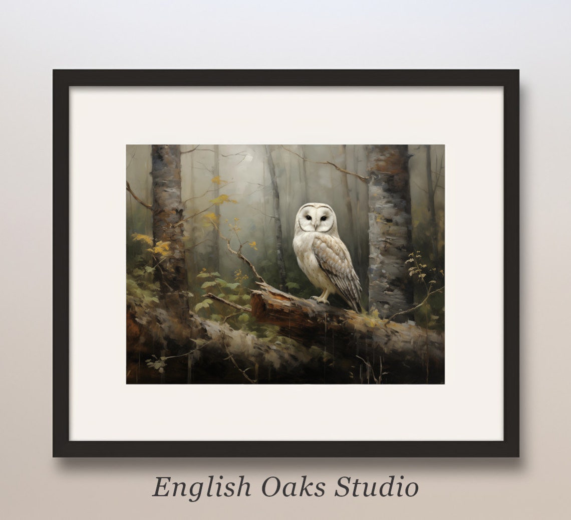 White Barn Owl on Fallen Log in Misty Forest Vintage Wildlife Poster