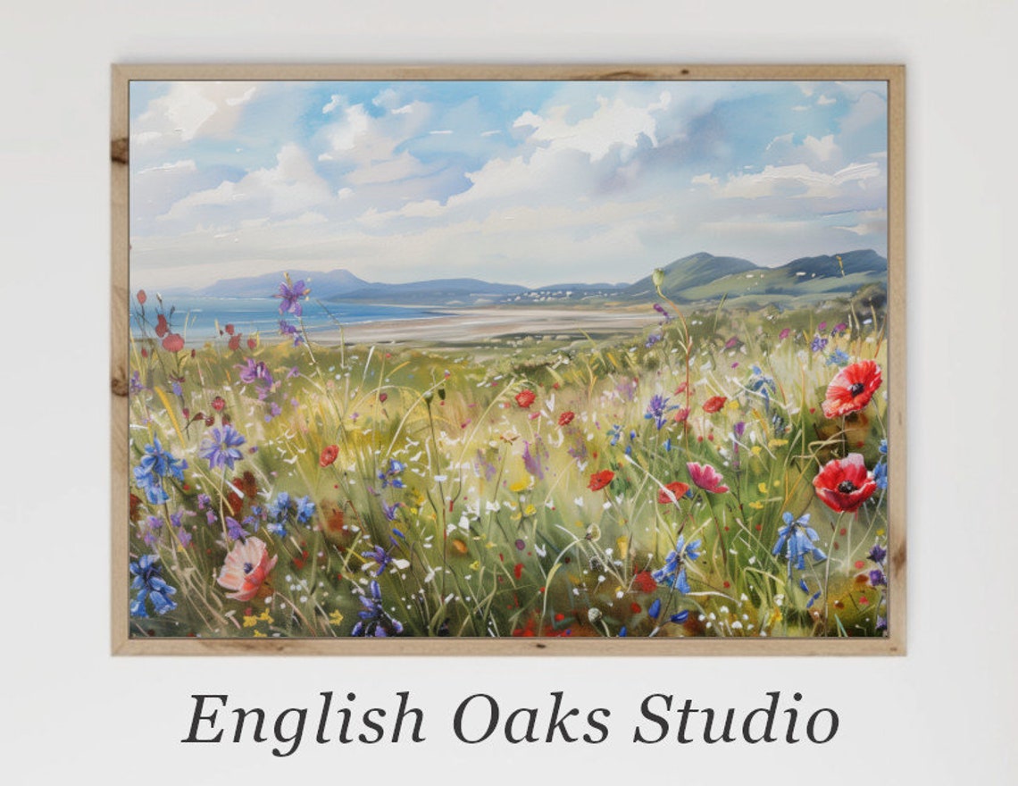 Vivid Coastal Wildflower Meadow Overlooking Sea And Mountains Poster