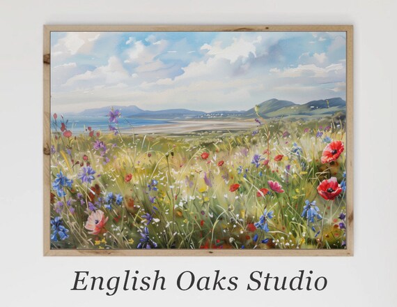 Vivid Coastal Wildflower Meadow Overlooking Sea And Mountains Poster
