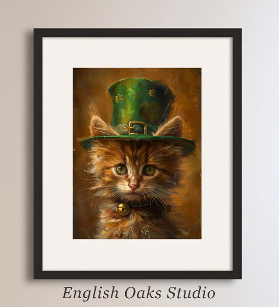 Fluffy Orange Kitten in Shamrock Hat St Patricks Day Cat Wall Art