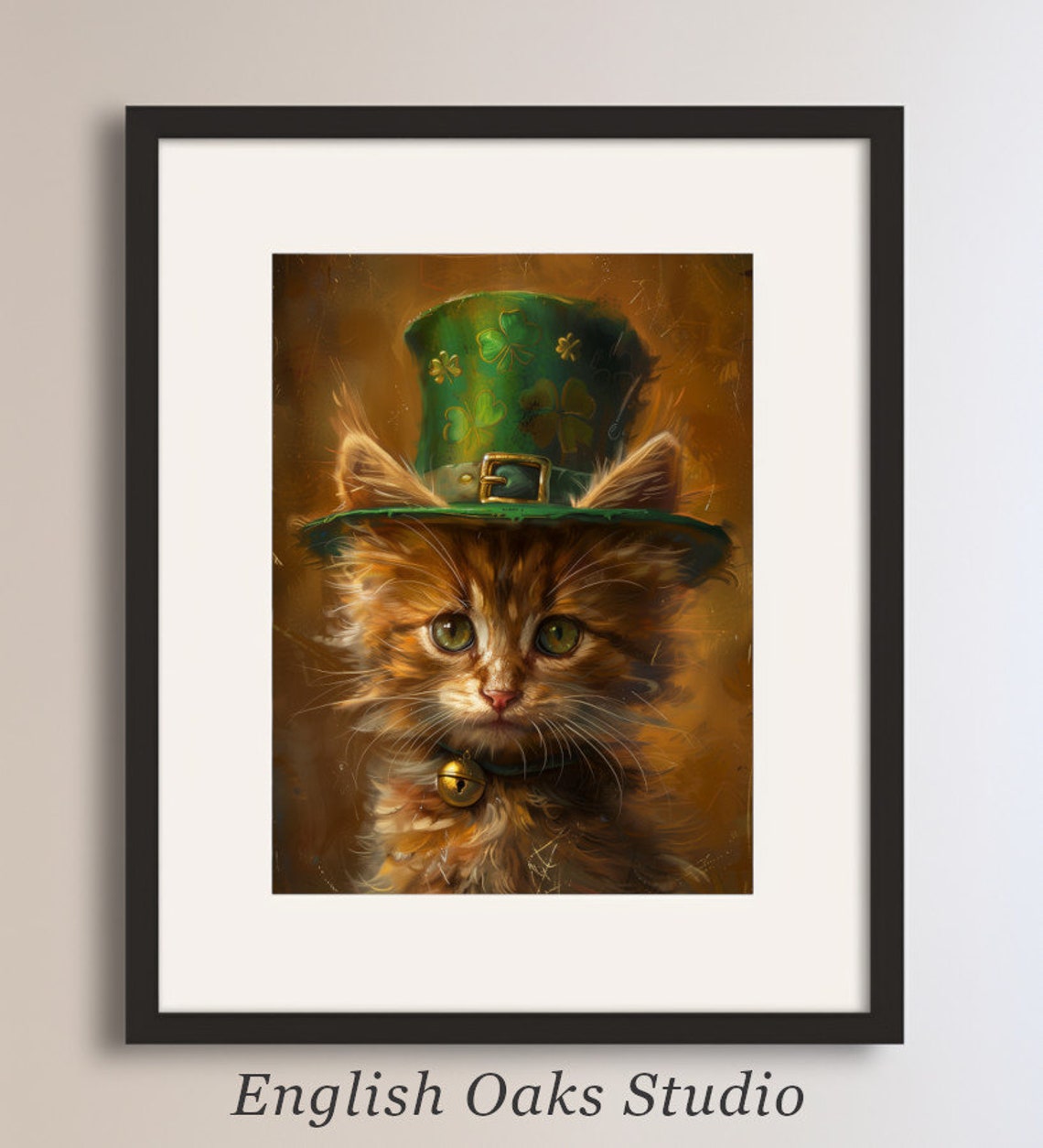 Fluffy Orange Kitten in Shamrock Hat St Patricks Day Cat Wall Art