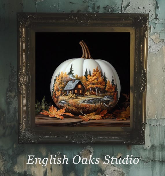 Moody Rustic Autumn Landscape With A Cottage Painted On A White Pumpkin Print Fall Harvest Season Landscape Still Life Painting