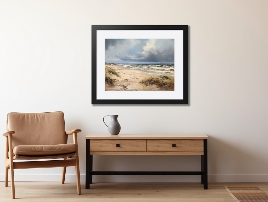 Moody Beach Waves and Storm Clouds Coastal Oil Painting Poster - Image 2