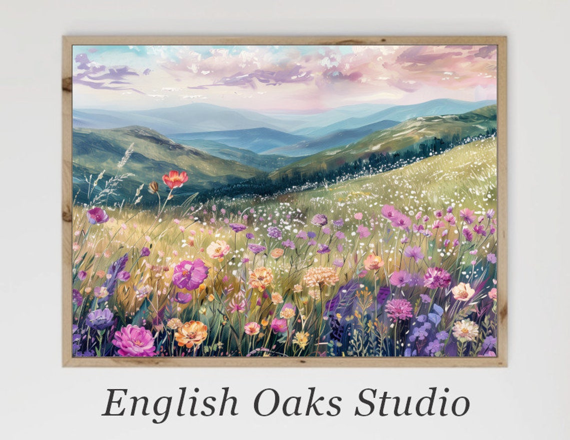 Purple Wildflower Hill Overlooking Mountain Valley At Sunset Poster