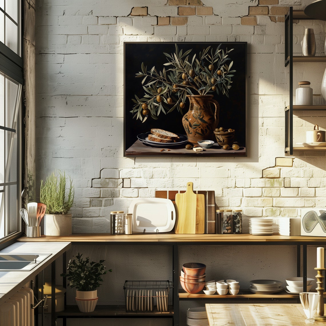 Olive Branches in Ceramic Pitcher Rustic Kitchen Dark Poster - Image 2
