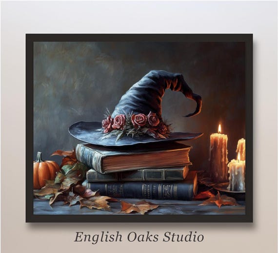 Moody Vintage Halloween Witch Hat On Books And Near Candles And Pumpkin Painting Rustic Goth Magical Books Print
