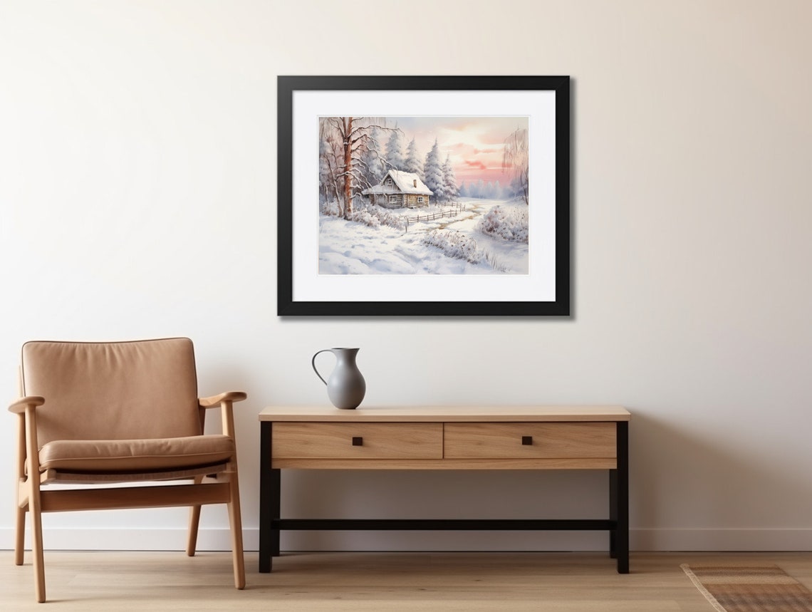 Snow Covered Log Cabin Among Pines at Sunset Winter Watercolor Poster - Image 2