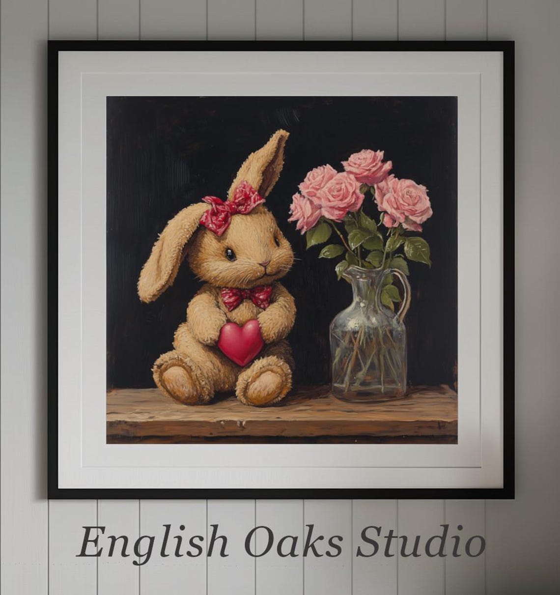 Cute Valentine Bunny Red Bow Pink Roses Vintage Heart Poster - Image 2