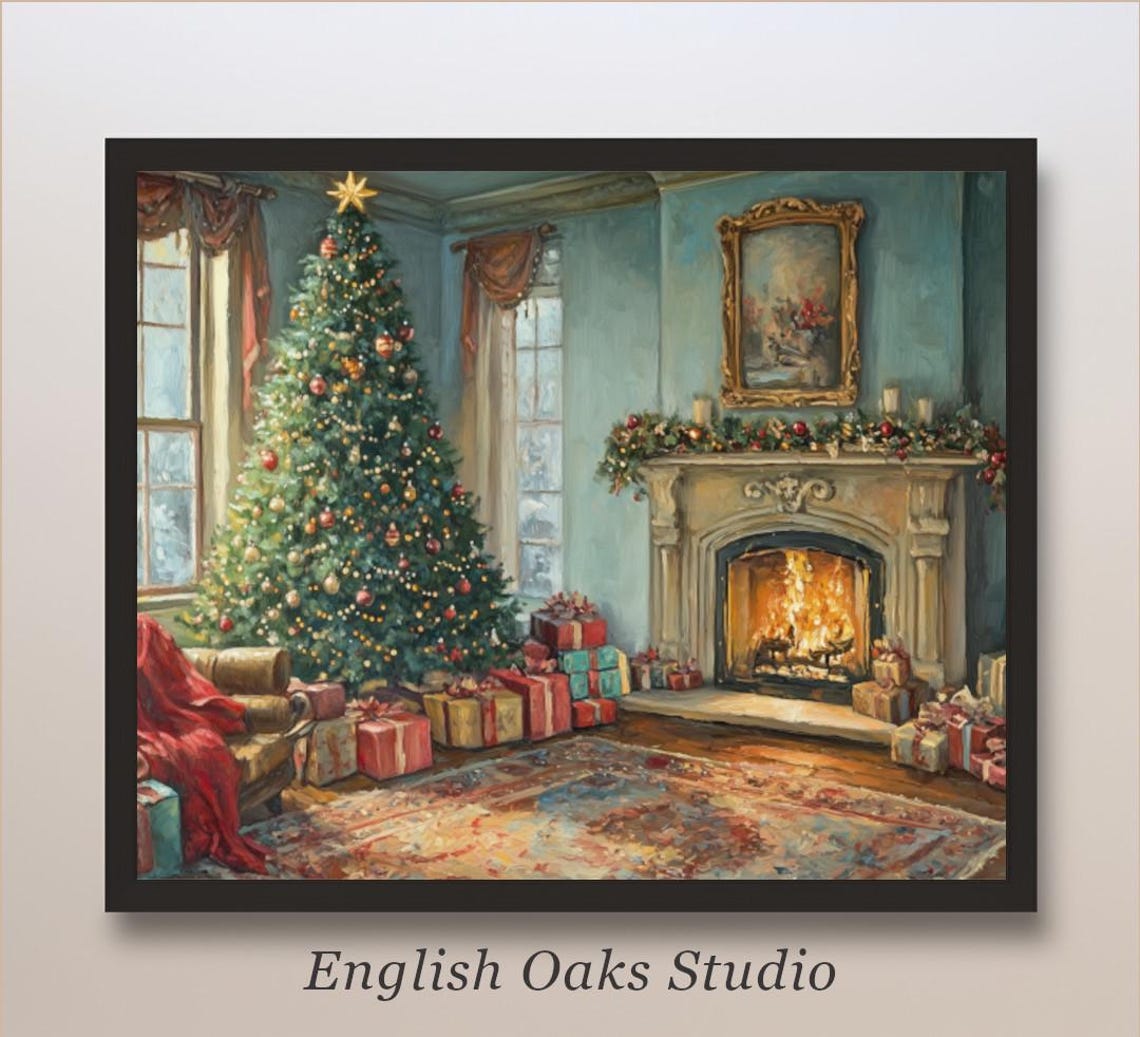 Cozy Living Room With Christmas Tree Gifts And Fireplace Poster