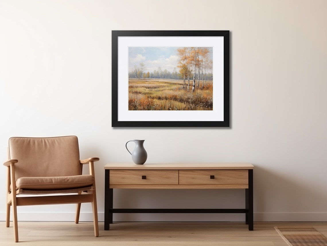 Golden Birch Trees at Edge of Autumn Field Warm Fall Landscape Poster - Image 2