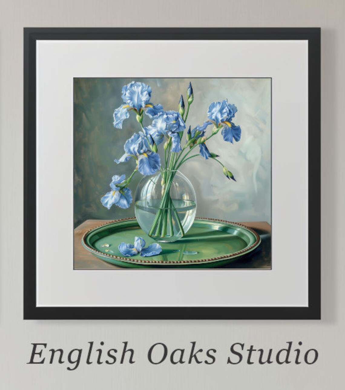 Blue Irises in Clear Glass Vase on Green Tray Still Life Poster