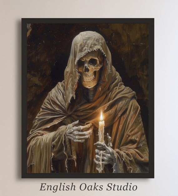 Rustic Skeleton Cloak And Candle Halloween Wall Art Moody Skeleton Vintage Halloween Print Halloween Decor Dark Academia Decor 02
