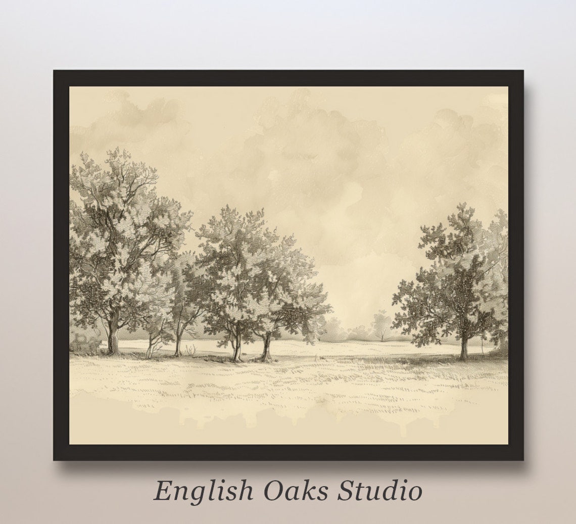 Sepia Sketch of Trees in a Quiet Field Vintage Etching Poster