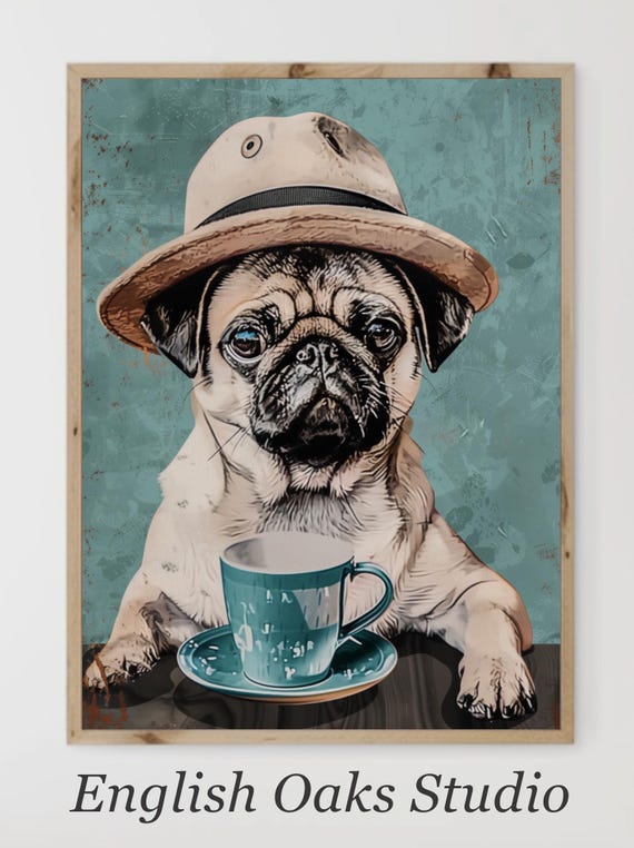 Moody Pug Dog With Hat Blue Cup Print Vintage Neutral And Blue Tones Animal With Hat Painting Gift Dog Decor Wall Art Nursery Decor