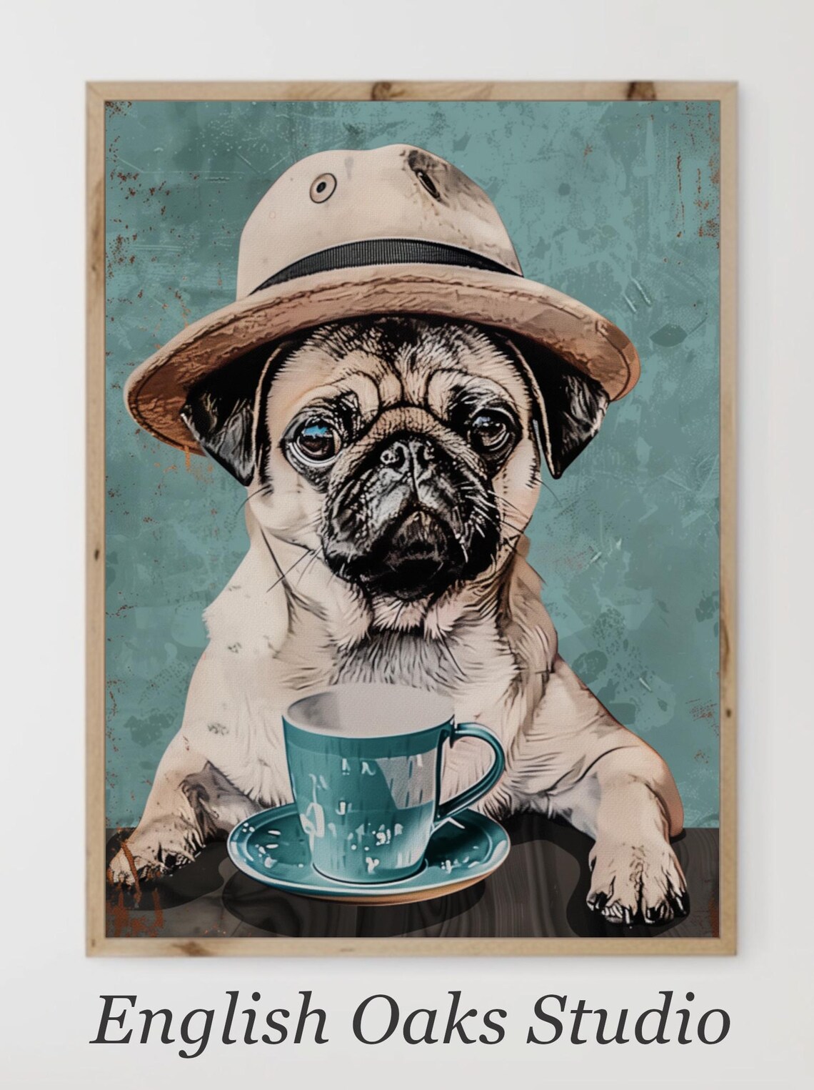 Funny Pug Dog in Safari Hat Holding Blue Cup Teal Portrait Poster